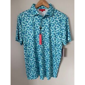 Redvanly Mens Marne Polo Curacao Multi Floral Blue Golf Shirt R2514 New NWT M